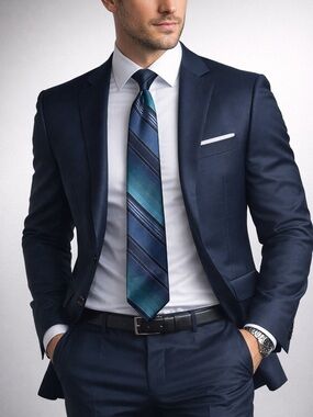 Etienne Aigner Blue Teal Striped Clip On Tie Y2K